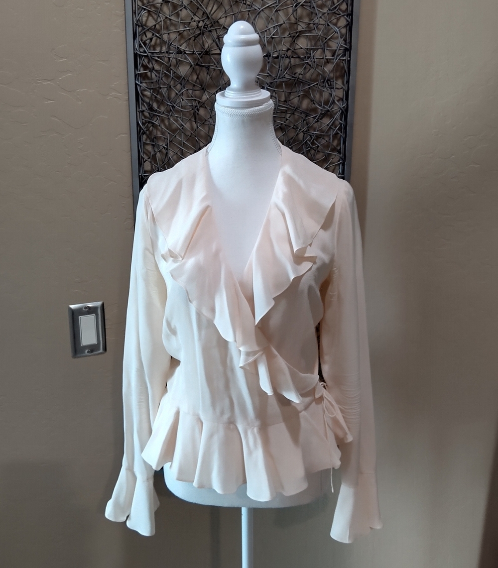 Patrick Christopher Vintage Womens Cream 100% Silk Ruffle Wrap Blouse